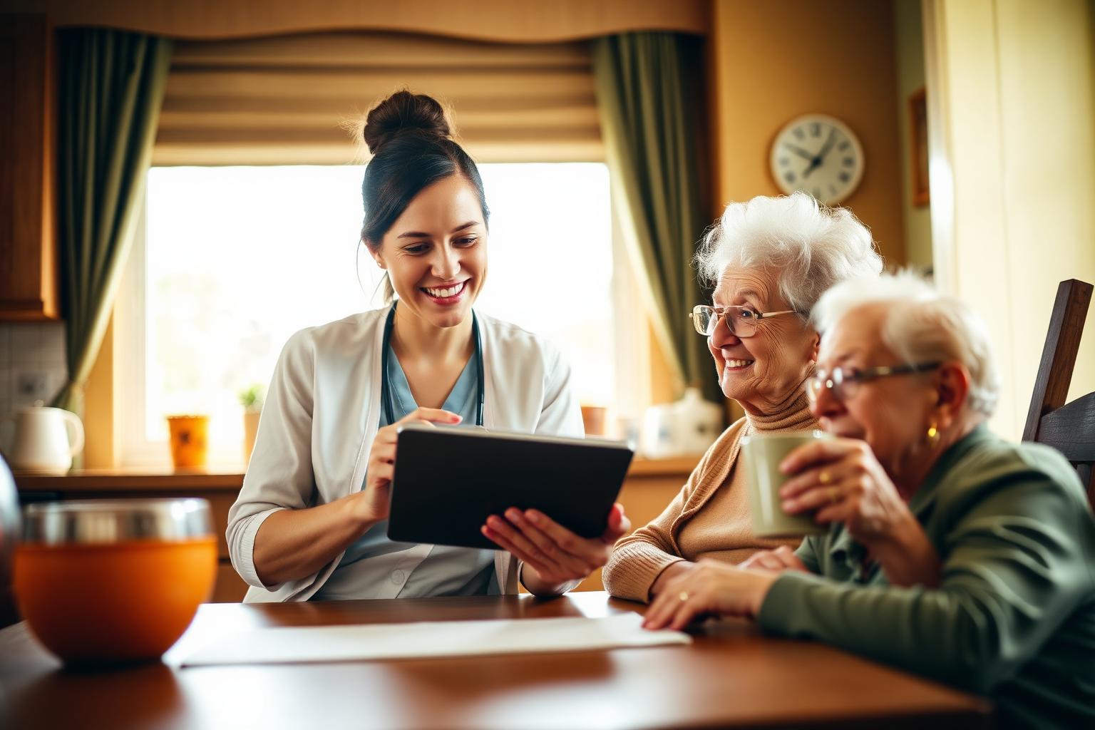 A CareNav Navigator visiting an older adult at her kitchen table, reviewing care details together.